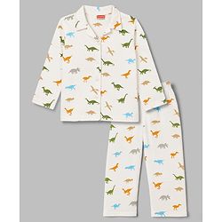 Babyhug 100% Cotton Knit Full Sleeves Shirt & Pyjama Co-Ord Night Suit With Dino Print - White