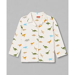 Babyhug 100% Cotton Knit Full Sleeves Shirt & Pyjama Co-Ord Night Suit With Dino Print - White