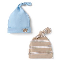 Babyhug Interlock Knit 100% Cotton Striped Caps With Bear Patch Pack of 2 Brown & Light Blue - Diameter 10 cm