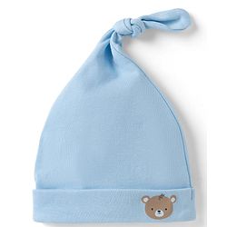 Babyhug Interlock Knit 100% Cotton Striped Caps With Bear Patch Pack of 2 Brown & Light Blue - Diameter 10 cm