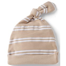 Babyhug Interlock Knit 100% Cotton Striped Caps With Bear Patch Pack of 2 Brown & Light Blue - Diameter 10 cm