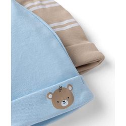 Babyhug Interlock Knit 100% Cotton Striped Caps With Bear Patch Pack of 2 Brown & Light Blue - Diameter 10 cm