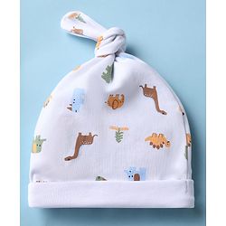 Babyhug 100% Cotton Interlock Knit Striped Cap with Dinosaur Elephant Print Pack of 2 White Yellow - Diameter 15 cm