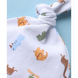 Babyhug 100% Cotton Interlock Knit Striped Cap with Dinosaur Elephant Print Pack of 2 White Yellow - Diameter 15 cm