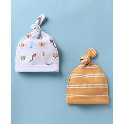 Babyhug 100% Cotton Interlock Knit Striped Cap with Dinosaur Elephant Print Pack of 2 White Yellow - Diameter 15 cm