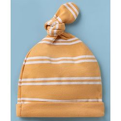 Babyhug 100% Cotton Interlock Knit Striped Cap with Dinosaur Elephant Print Pack of 2 White Yellow - Diameter 15 cm