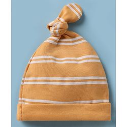 Babyhug 100% Cotton Interlock Knit Striped Cap with Dinosaur Elephant Print Pack of 2 White Yellow - Diameter 15 cm