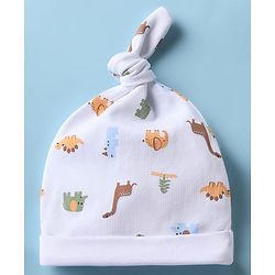 Babyhug 100% Cotton Interlock Knit Striped Cap with Dinosaur Elephant Print Pack of 2 White Yellow - Diameter 15 cm