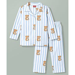 Babyhug Cotton Knit Full Sleeves Striped & Bear Printed Co-Ords Shirt & Pyjama Night Suit - Light Blue