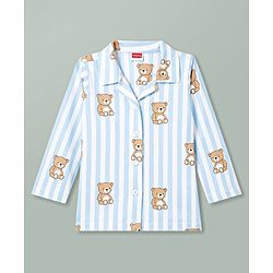 Babyhug Cotton Knit Full Sleeves Striped & Bear Printed Co-Ords Shirt & Pyjama Night Suit - Light Blue