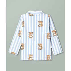 Babyhug Cotton Knit Full Sleeves Striped & Bear Printed Co-Ords Shirt & Pyjama Night Suit - Light Blue