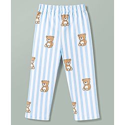 Babyhug Cotton Knit Full Sleeves Striped & Bear Printed Co-Ords Shirt & Pyjama Night Suit - Light Blue