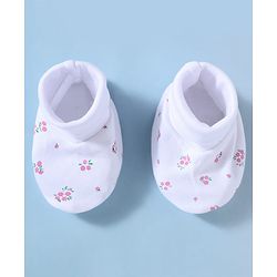 Babyhug 100% Cotton Interlock Knit Mittens and Booties Set With Floral Print - White
