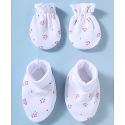 Babyhug 100% Cotton Interlock Knit Mittens and Booties Set With Floral Print - White