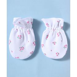 Babyhug 100% Cotton Interlock Knit Mittens and Booties Set With Floral Print - White
