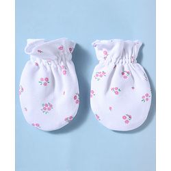 Babyhug 100% Cotton Interlock Knit Mittens and Booties Set With Floral Print - White