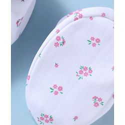 Babyhug 100% Cotton Interlock Knit Mittens and Booties Set With Floral Print - White