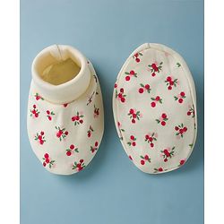 Babyhug 100% Cotton Interlock Knit Mittens & Booties Set With Cherry Print - Light Yellow