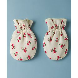Babyhug 100% Cotton Interlock Knit Mittens & Booties Set With Cherry Print - Light Yellow