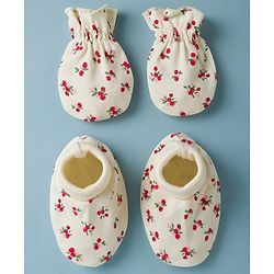 Babyhug 100% Cotton Interlock Knit Mittens & Booties Set With Cherry Print - Light Yellow