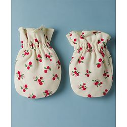 Babyhug 100% Cotton Interlock Knit Mittens & Booties Set With Cherry Print - Light Yellow