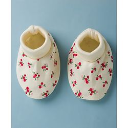 Babyhug 100% Cotton Interlock Knit Mittens & Booties Set With Cherry Print - Light Yellow
