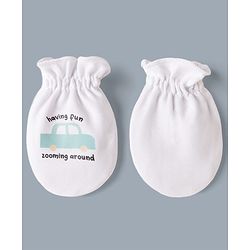 Babyhug 100% Cotton Interlock Knit Mittens & Booties Set With Vehicle & Text Print - White