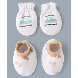 Babyhug 100% Cotton Interlock Knit Mittens & Booties Set With Vehicle & Text Print - White
