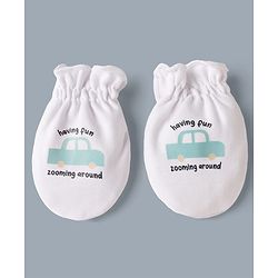 Babyhug 100% Cotton Interlock Knit Mittens & Booties Set With Vehicle & Text Print - White