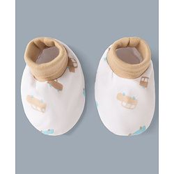 Babyhug 100% Cotton Interlock Knit Mittens & Booties Set With Vehicle & Text Print - White