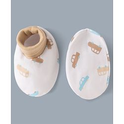 Babyhug 100% Cotton Interlock Knit Mittens & Booties Set With Vehicle & Text Print - White