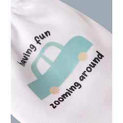 Babyhug 100% Cotton Interlock Knit Mittens & Booties Set With Vehicle & Text Print - White