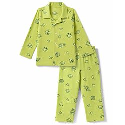 Babyhug Cotton Knit Full Sleeves Shirt & Pyjama Co-ords Night Suit With Star Print - Green