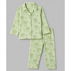 Babyhug 100% Cotton Knit Full Sleeves Front Open Shirt & Pyjama Night Suit with Lion Print - Green
