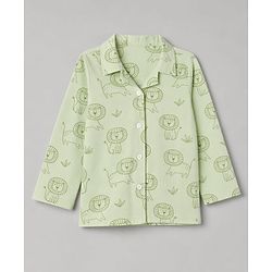 Babyhug 100% Cotton Knit Full Sleeves Front Open Shirt & Pyjama Night Suit with Lion Print - Green