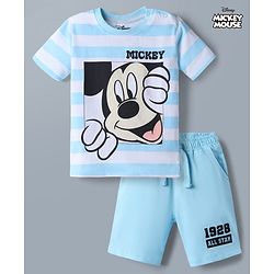 Babyhug Disney 100% Cotton Knit Half Sleeves T-Shirt & Shorts Set With Striped & Mickey Mouse Graphic - Light Blue