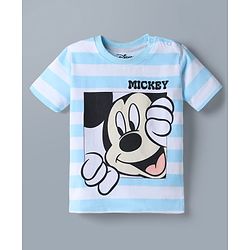 Babyhug Disney 100% Cotton Knit Half Sleeves T-Shirt & Shorts Set With Striped & Mickey Mouse Graphic - Light Blue