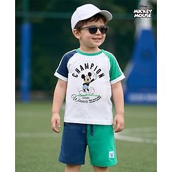Babyhug Disney 100% Cotton Knit Half Raglan Sleeves T-Shirt & Shorts Set With Mickey Mouse Graphics - Sea Green & Navy Blue