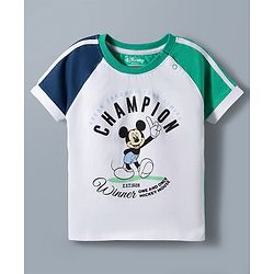 Babyhug Disney 100% Cotton Knit Half Raglan Sleeves T-Shirt & Shorts Set With Mickey Mouse Graphics - Sea Green & Navy Blue