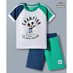 Babyhug Disney 100% Cotton Knit Half Raglan Sleeves T-Shirt & Shorts Set With Mickey Mouse Graphics - Sea Green & Navy Blue