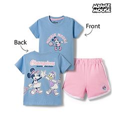 Babyhug Disney Single Jersey Knit Half Sleeves T-Shirt & Shorts Night Suit with Minnie Mouse Graphics - Light Blue