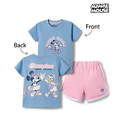 Babyhug Disney Single Jersey Knit Half Sleeves T-Shirt & Shorts Night Suit with Minnie Mouse Graphics - Light Blue