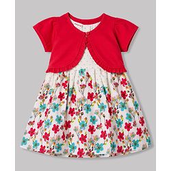 Babyhug Cotton Woven Floral Printed Frock with Half Sleeves Shrug - White & Red