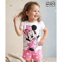 Babyhug Disney Single Jersey Knit Half Sleeves T-Shirt & Shorts Night Suit With Minne Mouse Graphic & Polka Dot Print - Pink