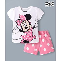 Babyhug Disney Single Jersey Knit Half Sleeves T-Shirt & Shorts Night Suit With Minne Mouse Graphic & Polka Dot Print - Pink