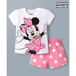 Babyhug Disney Single Jersey Knit Half Sleeves T-Shirt & Shorts Night Suit With Minne Mouse Graphic & Polka Dot Print - Pink