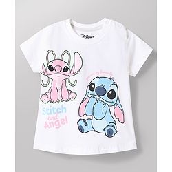 Babyhug Disney Single Jersey Knit Half Sleeves T-Shirt & Shorts Night Suit with Stitch & Angel Graphics - Multicolor