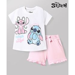 Babyhug Disney Single Jersey Knit Half Sleeves T-Shirt & Shorts Night Suit with Stitch & Angel Graphics - Multicolor