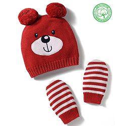 Babyhug 100% Cotton Knit Woollen Cap & Striped Mittens With Bear Embroidery Rust Orange - Diameter 10 cm