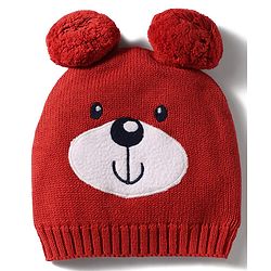 Babyhug 100% Cotton Knit Woollen Cap & Striped Mittens With Bear Embroidery Rust Orange - Diameter 10 cm